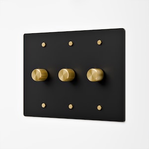 Rotary Dimmer with Matte Black Switch Plate | 3 Gang | Knurled Brass Knob | Vintage Style