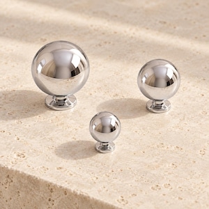 Chrome Solid Brass Ball Cabinet Knobs in Three Base Styles