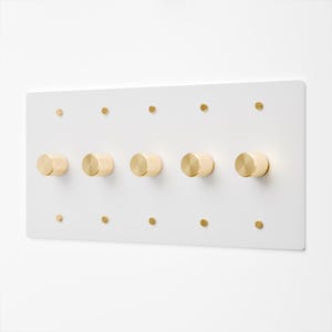 Rotary Dimmer with White Switch Plate | 5 Gang | Knurled Brass Knob | Coastal Decor