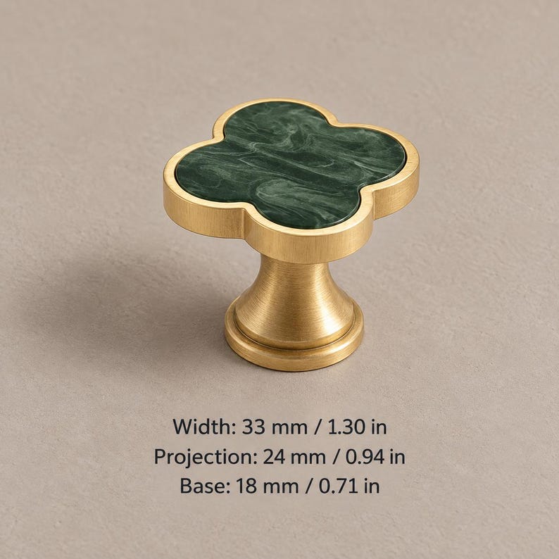 Solid Brass Clover Cabinet Knobs with Decorative Inlays, Gold or Chrome L0086-Brushed Brass-STQ