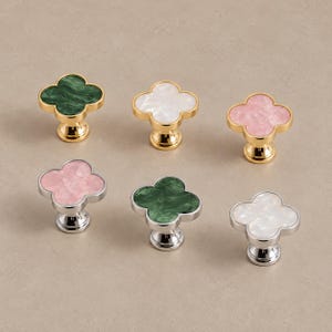 Solid Brass Clover Cabinet Knobs with Decorative Inlays, Gold or Chrome image 2