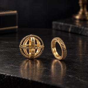 Puede incluir: Un anillo de esfera armilar de metal en tono dorado que se despliega desde una banda hasta una forma esférica. La superficie presenta intrincados patrones de volutas grabados y símbolos del zodiaco y letras en negro en las bandas giratorias.
