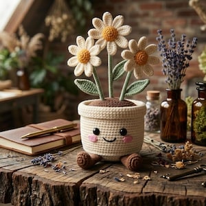 May include: A crocheted flower pot with three daisy-like flowers. The pot has a smiling face and small feet. A leather-bound journal with a gold pen sits nearby on a rustic wooden table. Other decorative items are in the background.