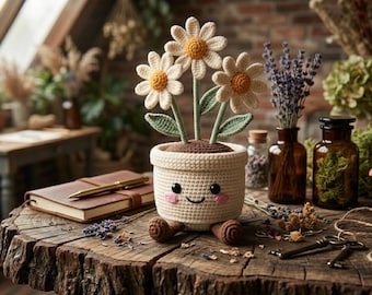 Patrón de ganchillo de maceta con margarita sonriente kawaii / Amigurumi de flor en maceta adorable en PDF