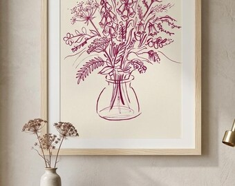 Dark Pink Floral Still Life Drawing | Botanical Wall Art | Vintage Floral Printable | Digital Download