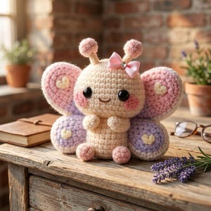 Könnte beinhalten: Eine gehäkelte Schmetterlingspuppe mit cremefarbenem Körper, rosa Wangen und großen schwarzen Augen. Die Flügel sind rosa und lila mit Herzdetails. Sie hat eine rosa Schleife und Fühler. Die Puppe sitzt auf einer Holzoberfläche.