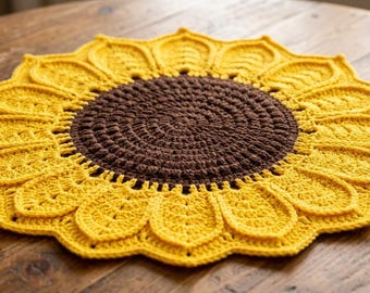 Patrón de ganchillo para mantel individual de girasol / Decoración floral para mesa y mantel individual (PDF)
