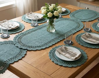 Patrón de juego de comedor de ganchillo de 13 piezas / Guía en PDF para decoración de mesa moderna