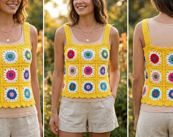 Patrón de camiseta sin mangas cuadrada con estampado floral de la abuela / Top corto bohemio de verano en PDF