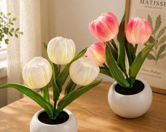 LED Tulip Table Lamp, Artificial Flower Night Light with White Ceramic Pot USB Desk Decor Lamp