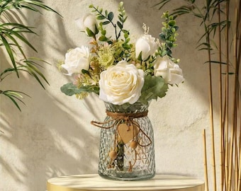White Artificial Rose Bouquet with Glass Vase, Farmhouse Faux Floral Arrangement