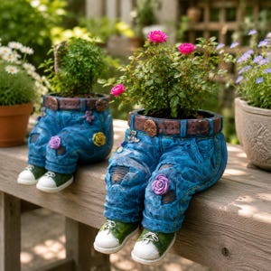 May include: Two blue denim jean-shaped planters with brown belts, each featuring green sneakers with white toes. The planters are decorated with small colorful flower accents and contain green plants, with the right planter holding a small pink rose bush.