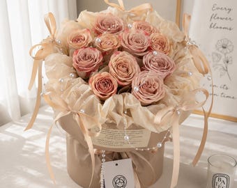 18-Stem Dusty Rose Faux Rose Bouquet, Everlasting Flower Gift Set (20×30cm) Bag Lights