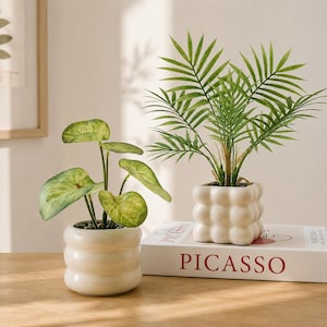 Mini Potted Artificial Tropical Plant, Bubble Ceramic Pot Faux Desk Greenery