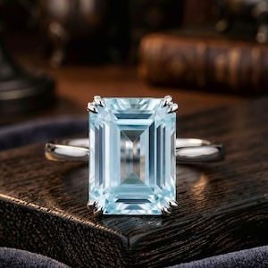 Aquamarijn ring, 925 sterling zilver, smaragdgeslepen ring, blauwe edelsteen, statement ring, cadeau voor haar.