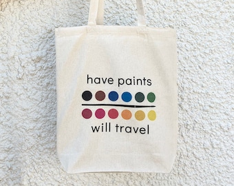 Gifts for Artists! Watercolor Palette Tote Bag: 'Have Paints Will Travel' Canvas Art Bag