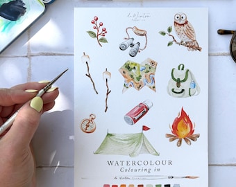 Camping Watercolor Coloring Book for Beginners: 10 Hand-Drawn Illustrations