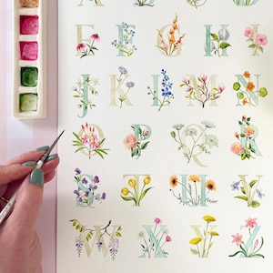 Pinte seu próprio alfabeto floral em aquarela | Projeto de aquarela | Presente de pintura | Pintura de flores | Alfabeto ilustrado | Presente para um novo bebê