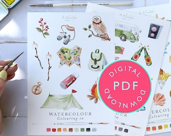 Travel Watercoloring Book Bundle: Beach, Camping, London, Festival (Digital Download)