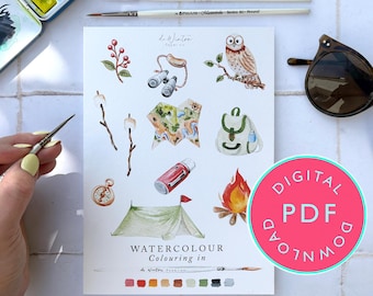 Camping Watercolour Colouring Book for Beginners: 10 Printable Illustrations (Digital Download)