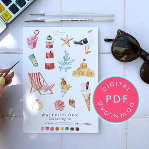 May include: A watercolour illustration sheet featuring beach-themed images such as a lighthouse, seagull, sandcastle, and ice cream cone. The sheet is labelled "Watercolour Colouring in" and includes a digital PDF download badge.