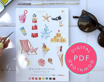 Seaside Strokes: A Beach-Themed Watercolour Colouring Book for Beginners | Digital Download Colouring Booklet