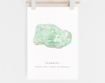 Fluorite Crystal Print | Watercolour fluorite | Watercolour crystal | Healing Crystal Decor | Mindful Gift | 1st Anniversary Gift Paper | A5