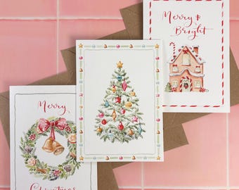 Classic Watercolour Christmas Cards Set of 9 | Illustrated Christmas Tree, Wreath and Gingerbread House