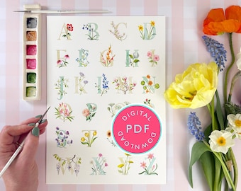 Digital Download Paint Your Own Watercolour Floral Alphabet template Painting Gift | Flower painting | Illustrated Alphabet | New Baby Gift