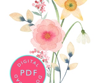 Watercolour workbook Download: How to paint a Spring Bouquet | Watercolour Daffodil | Watercolour flower tutorial | Watercolour PDF | Floral