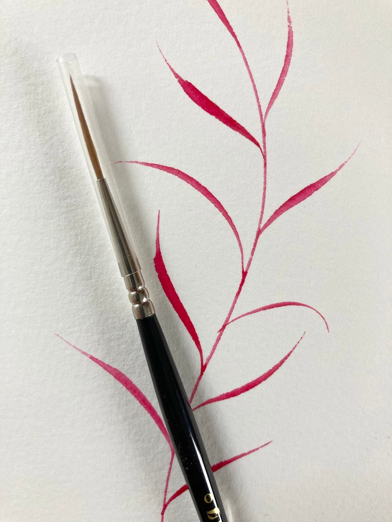 May include: A close-up of a black and silver paintbrush with a red watercolor painting of a branch with leaves on a white background.