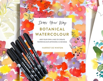 Signed Reverse Colouring Book: Botanical Watercolor with Fineliner Pens