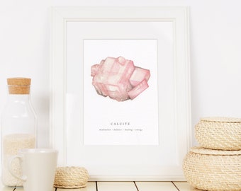 Calcite Crystal Print | Watercolour crystal A5 Print | 1st Anniversary Gift Paper | Blush pink crystal | Crystal Art | Gifts for her