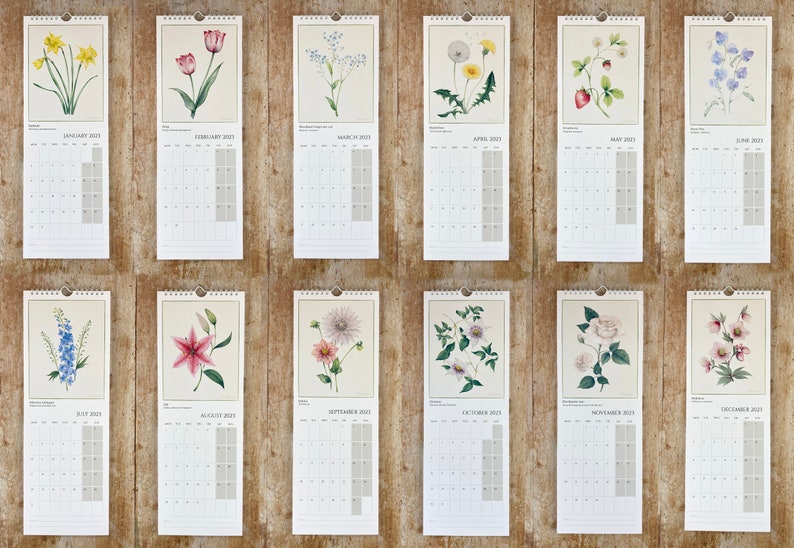 2023 Botanical Slim Wall Calendar Watercolour Flower Etsy Uk