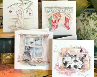 Funny Cat Christmas Cards Set of 8 | Mini Watercolour Greeting Cards | Festive Card Pack