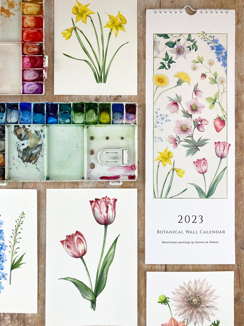 2023 Botanical Slim Wall Calendar Watercolour Flower Etsy Uk