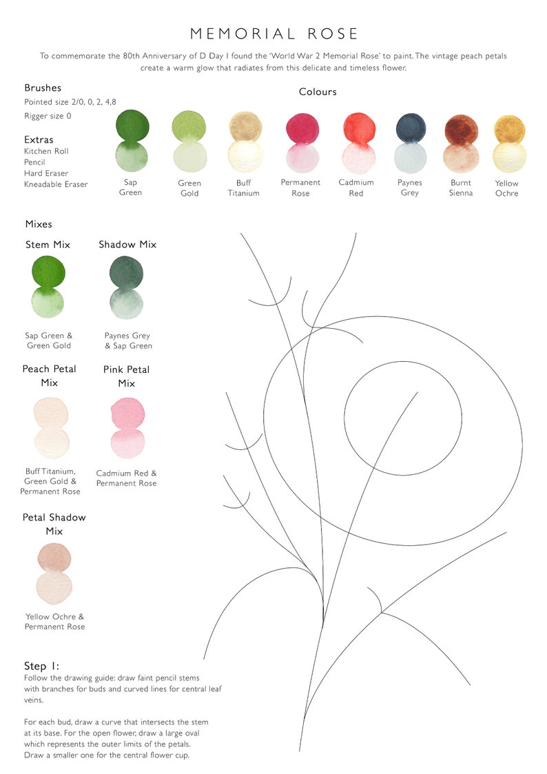 May include: A step-by-step guide to painting a rose with watercolor paints. The guide includes a list of supplies, color swatches, and a drawing guide for the rose.