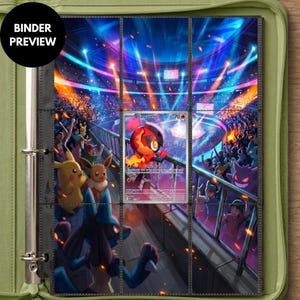 May include: A green zippered trading card binder featuring a nine-pocket page display. The insert shows a panoramic illustration of a crowded stadium with various creatures, including Pikachu and Lucario, surrounding a central Charcadet card.