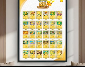 May include: A framed poster featuring a Pokémon 30th Celebration logo at the top with a yellow Pikachu character. Below the logo, there is a grid of thirty individual yellow Pikachu trading cards arranged in five rows of six cards each.