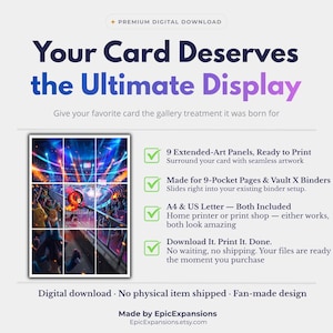 May include: A digital download product listing featuring the text Your Card Deserves the Ultimate Display. It includes a grid of nine extended-art panels showing a stadium scene with various creatures, designed for 9-pocket pages and binders.