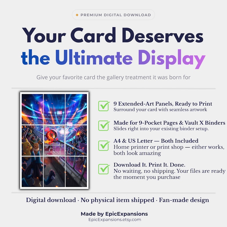 May include: A digital download product listing featuring the text Your Card Deserves the Ultimate Display. It includes a grid of nine extended-art panels showing a stadium scene with various creatures, designed for 9-pocket pages and binders.