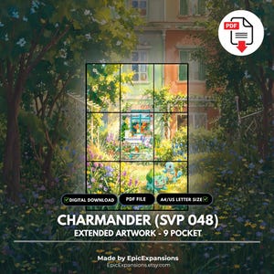 Può includere: Un file PDF scaricabile digitalmente con un'illustrazione estesa della carta collezionabile Charmander SVP 048. L'immagine mostra una griglia di nove sezioni raffigurante una scena di giardino con Bulbasaur e Squirtle, in formato A4.