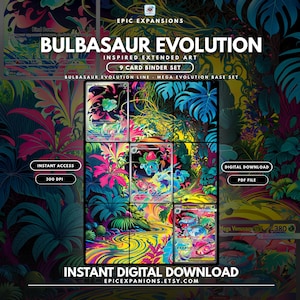 Può includere: Un set di 9 carte per raccoglitore con illustrazioni della linea evolutiva di Bulbasaur e design artistici estesi. La collezione mostra fogliame della giungla multicolore e creature. Il testo include Bulbasaur Evolution, 300 DPI e Instant Digital Download.