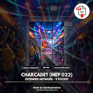 Könnte beinhalten: Eine digitale PDF-Datei zum Herunterladen mit erweiterter Grafik von Charcadet (MEP 022) für einen 9-Taschen-Ordner. Das Bild zeigt einen Charcadet-Charakter in einem Stadion mit einer Menge verschiedener Kreaturen, für A4 oder US-Letter-Format.