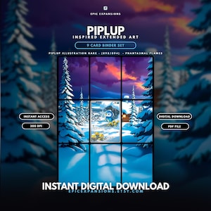Könnte beinhalten: Ein 9-Karten-Binder-Set mit Piplup-inspirierter erweiterter Kunst. Das Bild zeigt eine verschneite Waldlandschaft mit einer Hütte bei Sonnenuntergang, unterteilt in ein Raster. Der Text umfasst EPIC EXPANSIONS, PIPLUP INSPIRED EXTENDED ART, 9 CARD BINDER SET, INSTANT ACCESS, 300 DPI, DIGITAL DOWNLOAD, PDF FILE und INSTANT DIGITAL DOWNLOAD.