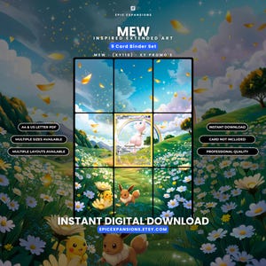 Op de afbeelding: Een 9-kaarten ordnerset met uitgebreide kunst geïnspireerd door Mew. Het digitale display toont een centrale Mew-kaart omringd door een doorlopend landschap van glooiende groene heuvels, witte madeliefjes en gele bloemblaadjes onder een blauwe lucht.