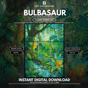 Könnte beinhalten: Ein 9-Karten-Binder-Set mit Bulbasaur-inspirierter erweiterter Kunst. Der digitale Download zeigt eine Waldszene mit Pikachu, Glumanda und Schiggy. Text: EPIC EXPANSIONS, BULBASAUR, 9 CARD BINDER SET, 166/165, SCARLET & VIOLET 151, INSTANT ACCESS, 300 DPI, DIGITAL DOWNLOAD, PDF FILE, INSTANT DIGITAL DOWNLOAD und EPICEXPANSIONS.ETSY.COM.