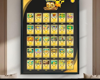 Op de afbeelding: Een ingelijste poster met een zwarte achtergrond en de tekst Pokémon 30th Celebration bovenaan. Het ontwerp toont een raster van dertig individuele gele Pikachu-ruilkaarten in vijf rijen van zes, met een klein Pikachu-icoon in de hoek.