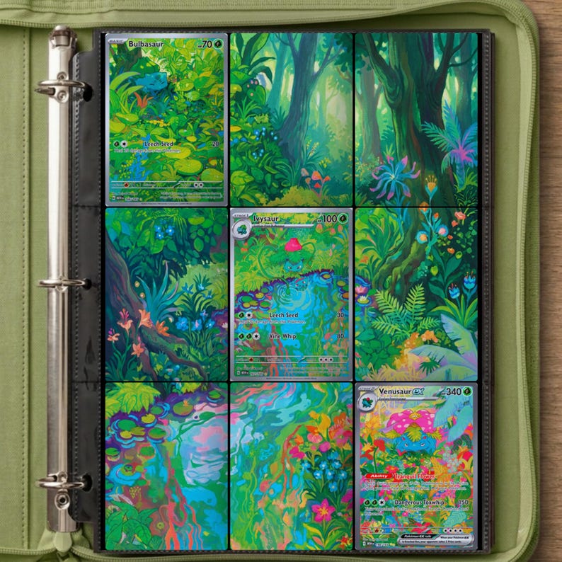 May include: A green three-ring binder containing nine trading cards arranged in a grid. The cards feature colorful illustrations of Bulbasaur, Ivysaur, and Venusaur within a lush forest landscape, with text including names and attack stats.