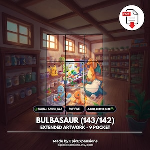 Puede incluir: Archivo PDF descargable con arte extendido de Bulbasaur (143/142) para carpeta de 9 bolsillos. La imagen muestra una cocina con Pikachu, Squirtle, Charmander, Charizard y Snorlax. Texto: DIGITAL DOWNLOAD, PDF FILE, A4/US LETTER SIZE, BULBASAUR (143/142) EXTENDED ARTWORK - 9 POCKET, Made by EpicExpansions, EpicExpansions.etsy.com.